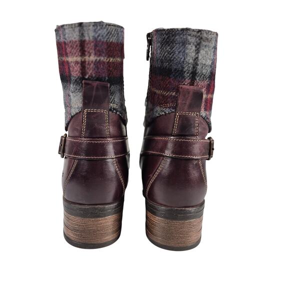 Taos Crave Brown Leather Bordeaux Red Plaid Lace Zip Buckle Boots NWOT 8 8 1/2 - Picture 3 of 4